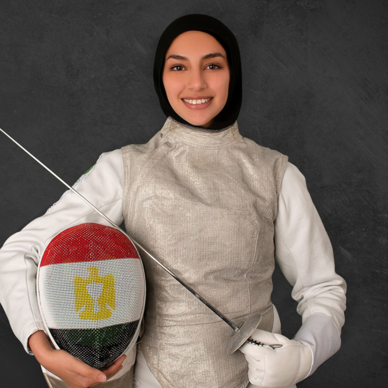 Incoming first-year Malak Hamza in Egypts Fencing/Women’s Foil uniform