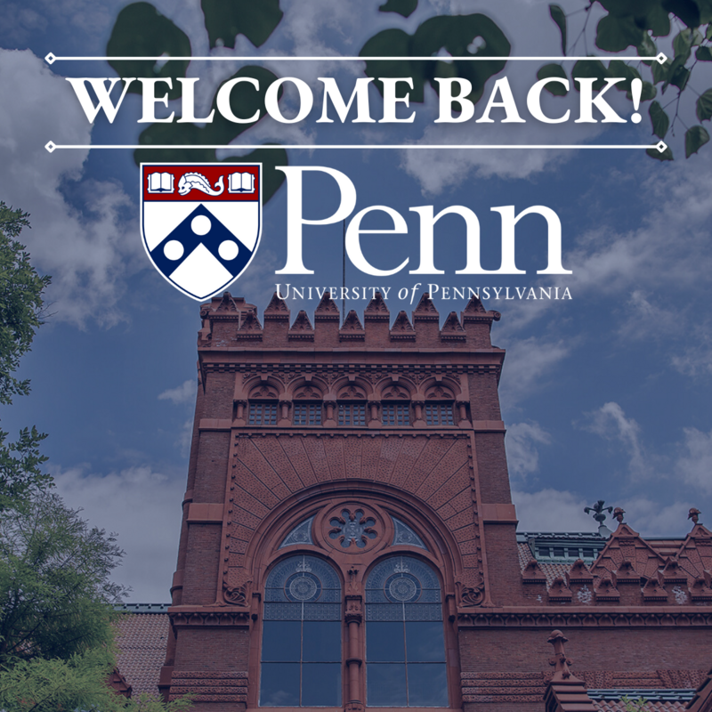 Fisher Fine Arts Library Exterior with the words Welcome Back overlayed on top of if with the Penn logo below it