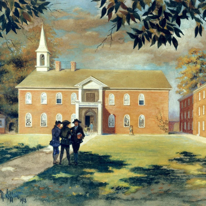 Penn's first campus, 1749-1801, at Fourth and Arch Streets. Reproduction of watercolor by Charles M. Lefferts, 1913