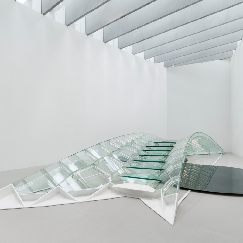 A showcase at the Corning Museum of Glass of a bridge made completely of glass.